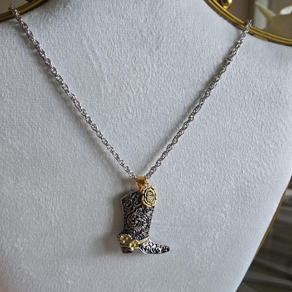 Silver and Gold Boot Western Pendant Necklace w/ Heart Charm..New